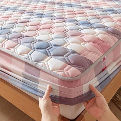 LMXSHJI Fitted Sheet Quilted Layer Cotton Fabric Mattress Protector Elastic Band Fixation Single Double Multiple Specifications (Color : Pink Plaid, Size : 59"x78.7"+10"/150x200cm+26cm)