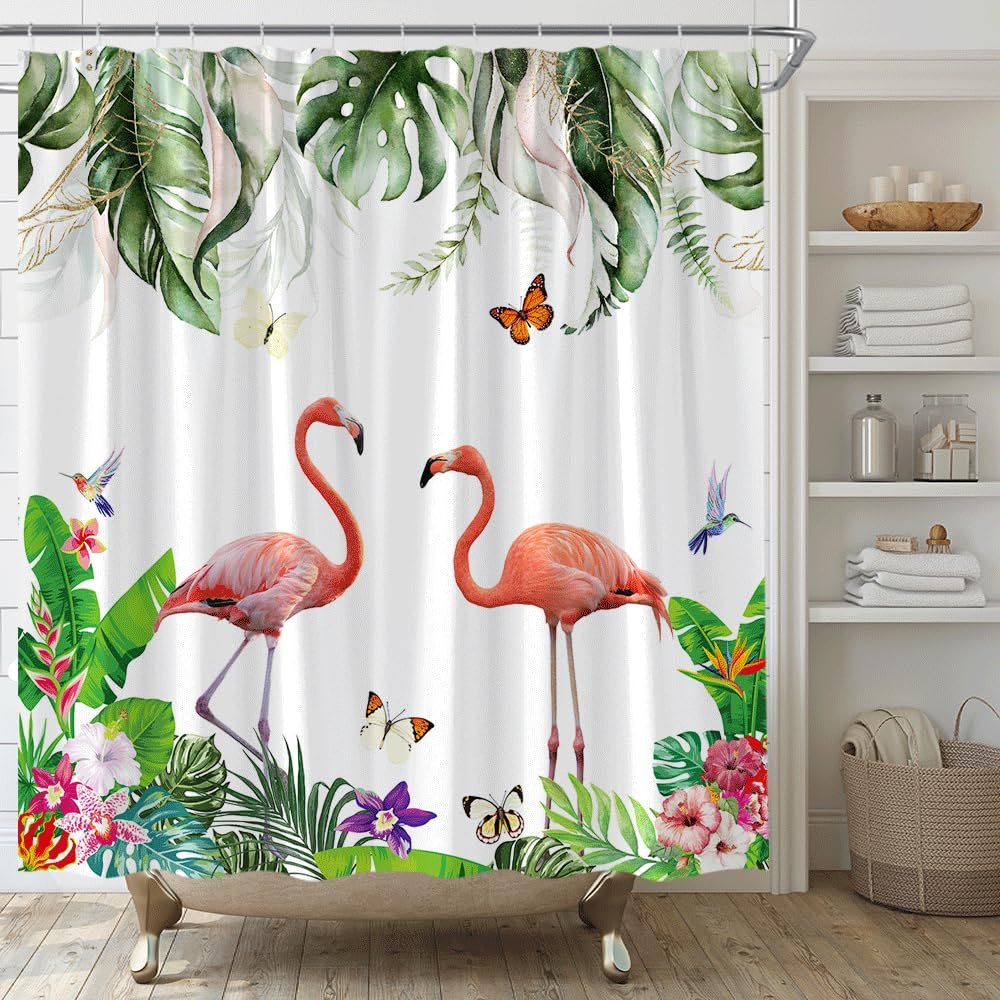 AMFD Flamingo Shower Curtain Tropical Plam Leaves Flower Butterfly Bathroom Curtains Decor Polyester Fabric Include Hooks,(47" Wx70 H)