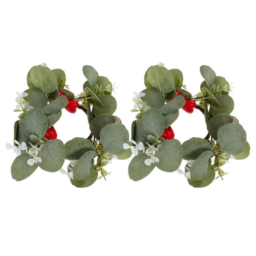 Operitacx 2pcs Artificial Leaf Candle Eucalyptus Wreaths for Wedding Table Centerpiece Valentine's Day Decor Rustic Greenery Berries Inner