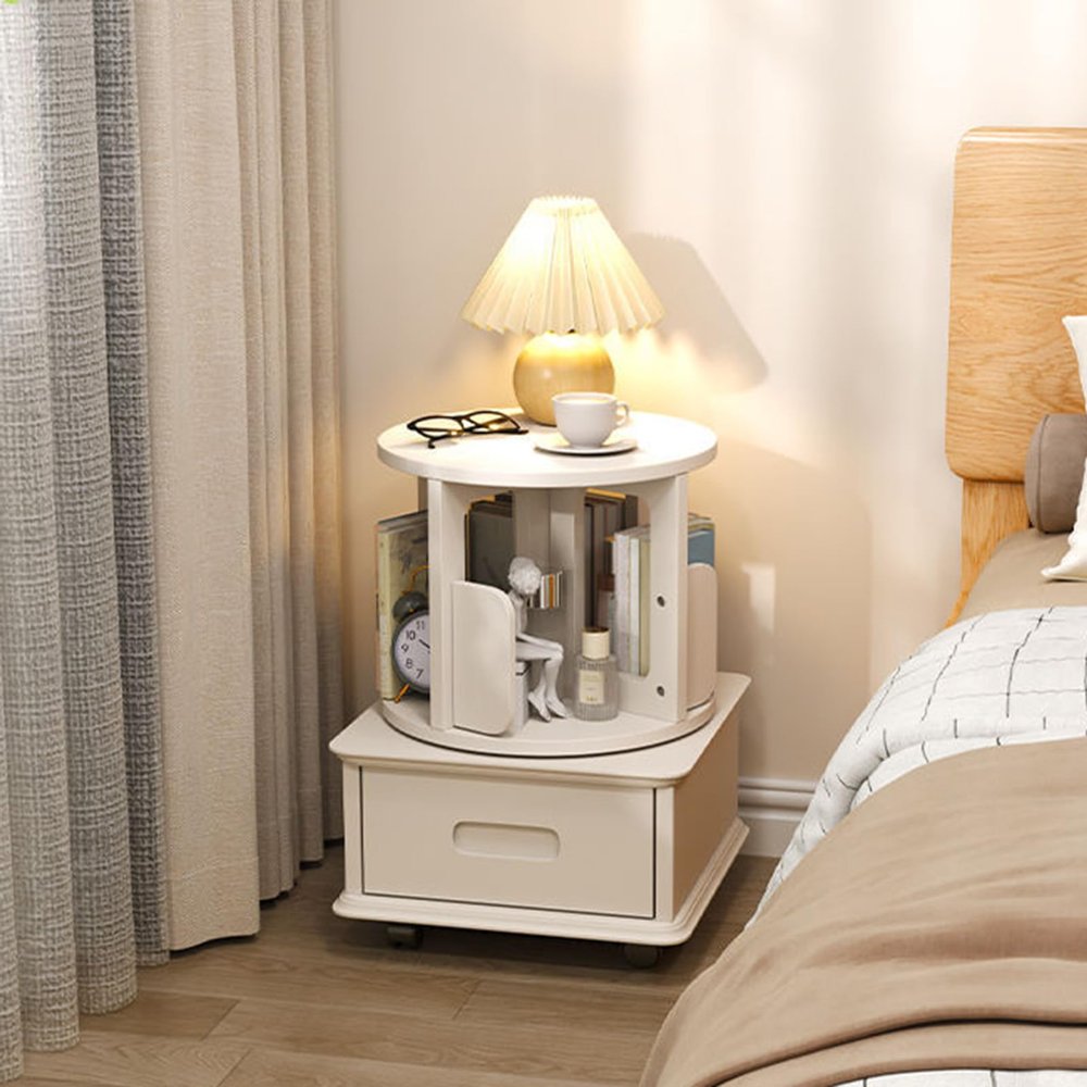 Bookshelf with Storage, Rotating Bookshelf Tower, Small Bookcase Bedside Table with Wheels, Wooden Bookcases, Bedside Storage Shelves, Suitable for Bedrooms, Living Rooms, Etc.