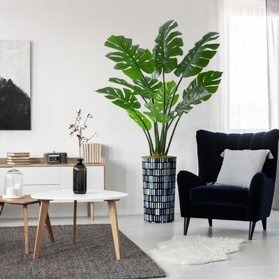 Artificial Tree in Contemporary Blue Stripe Patterned Planter, Fake Monstera Silk Tree for Indoor and Outdoor Home Decoration - 65" Overall Tall (Plant Pot Plus Tree)