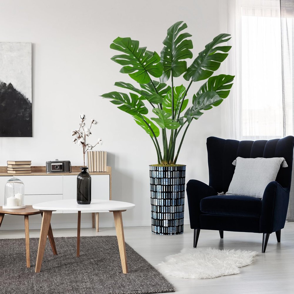 Artificial Tree in Contemporary Blue Stripe Patterned Planter, Fake Monstera Silk Tree for Indoor and Outdoor Home Decoration - 65" Overall Tall (Plant Pot Plus Tree)