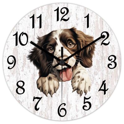 COCOKEN English Springer Spaniel Round PVC Wall Clock Peeking Dog Quiet Silent Wall Clock Aesthetic Decorative Clock for School Kitchen Office Wall Hanging 12 Inch
