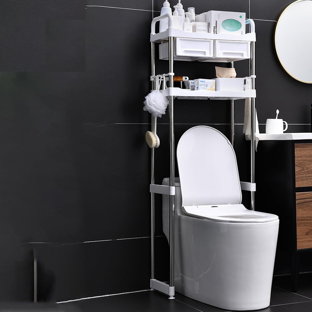 GAMAK Bathroom Shelf Over Toilet White, Toilet Shelf Rack Short 2-Tier Bathroom Organizer Shelf Over Toilet, Freestanding Space Saver Toilet Stands with Hooks (Size : Small)