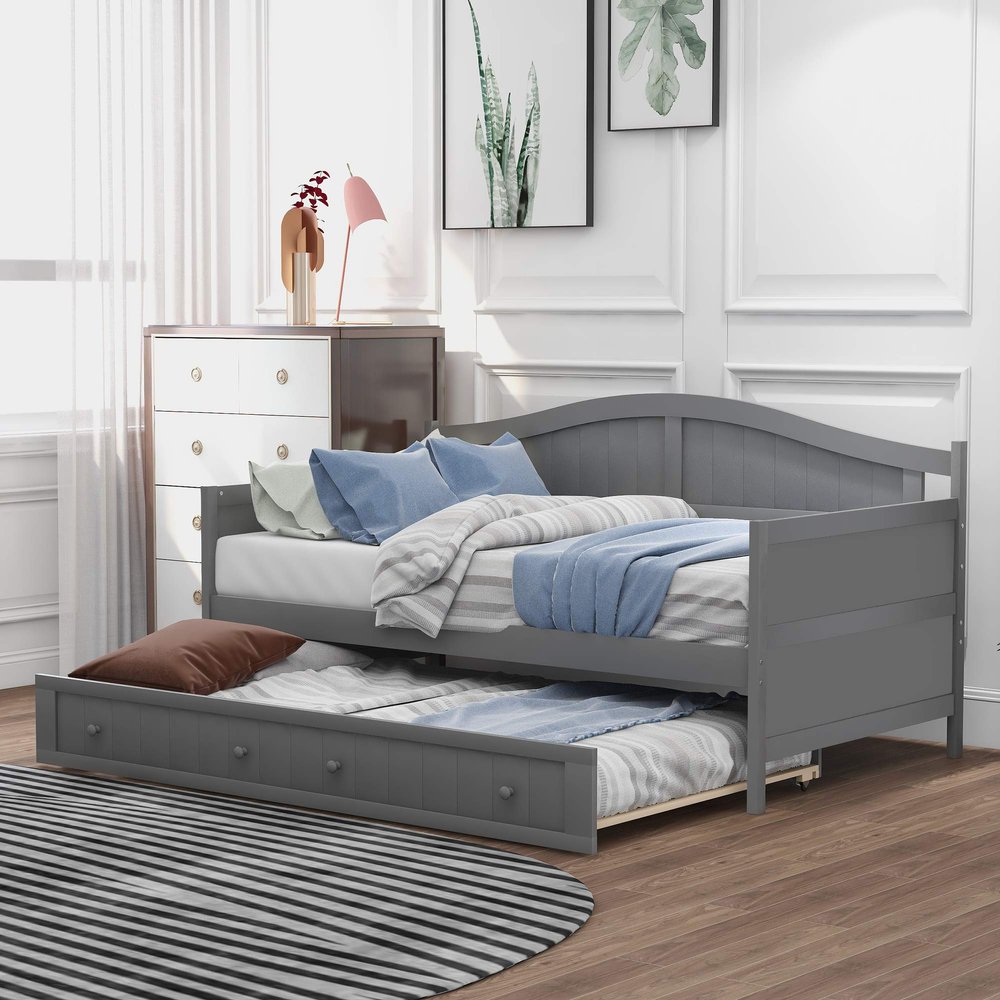 Elegant Twin Wooden Daybed with Trundle Bed, Sofa Bed for Bedroom Living Room Guest Room Small Bedroom, Study Room (Gray-@81)