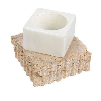 Bloomingville Decorative Marble and Travertine Candle Holder, White and Natural