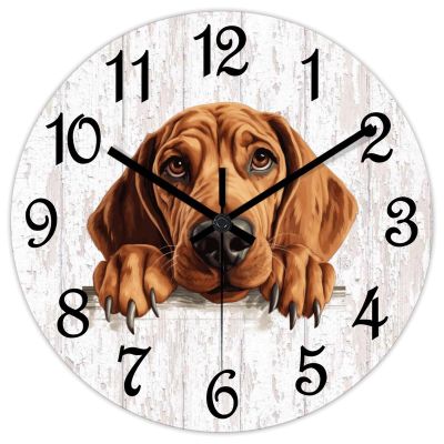 COCOKEN Redbone Coonhound Round Wall Clock Peeking Dog Clock Wall Art Dog Mom Gift Wood Clock Silent Non-Ticking Decorative Wall Clock for Living Room Bedroom Kitchen 12"