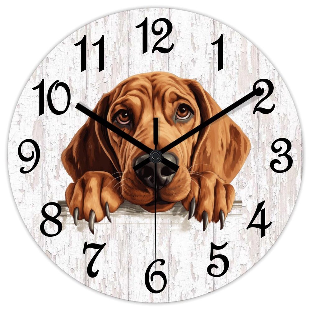 COCOKEN Redbone Coonhound Round Wall Clock Peeking Dog Clock Wall Art Dog Mom Gift Wood Clock Silent Non-Ticking Decorative Wall Clock for Living Room Bedroom Kitchen 12"