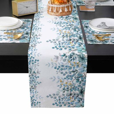 Watercolor Eucalyptus Table Runner with Placemats Set of 6, Cotton Linen Kitchen Dining Mats Long Table Cover 13"x70" Blue Leaves Botanical Plant Table Mats Set for Living Room/Dresser/Dining Table