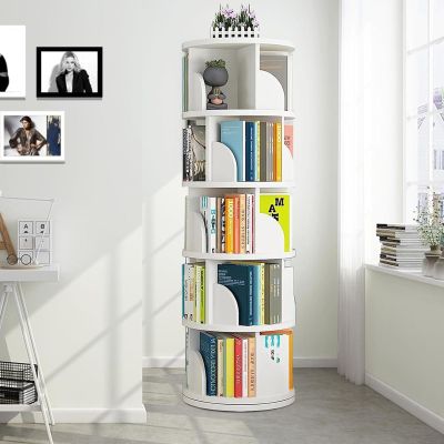 BXKCFYBSQ 5-Layer Rotating Bookshelf CD Storage Rack, 360 Rotating Bookcase, Floor-Standing Wooden Bookshelf for Home/Office/Study