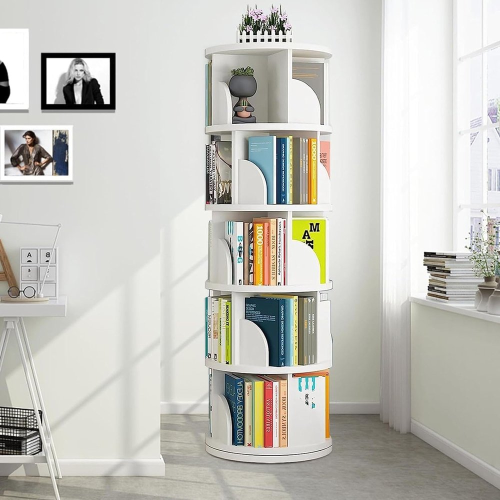 BXKCFYBSQ 5-Layer Rotating Bookshelf CD Storage Rack, 360 Rotating Bookcase, Floor-Standing Wooden Bookshelf for Home/Office/Study