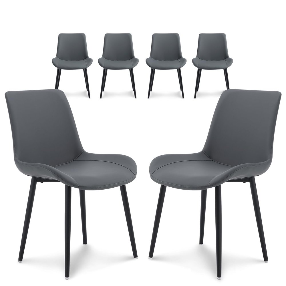 seonyou Dining Chairs Set of 6 Dark Gray, Upholstered Faux Leather Mid Century Modern Kitchen Chair Comfortable Dining Room Chairs with Metal Frame