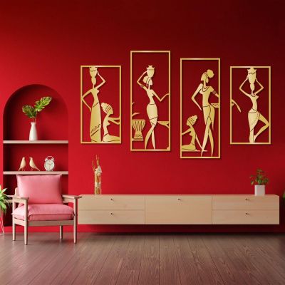 African Women Metal Wall Decor, African Tribe Lady Dancers Abstract Wall Art, Black Woman Wall Art, African Women in Traditional Dress Wall Art, Vintage Wall Decor, Metal Wall Art for Living Room (S, Gold)