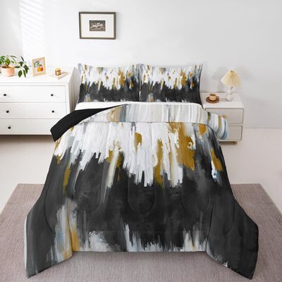 Erosebridal Black Grey Comforter Full Brush Strokes Oil Painting Bedding Set, Gradient Abstract Chic Vintage Down Comforter Ombre Graffiti Bed Set, Contemporary Modern Quilted Duvet