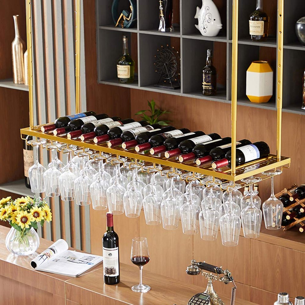 Bar Wine Rack Restaurant Wall-Mounted Wine Bottle Rack Ceiling Wine Holder | Hanging Wine Glass Holder | Vintage Wine Bottle Holder | Rustic Ceiling 60X35Cm