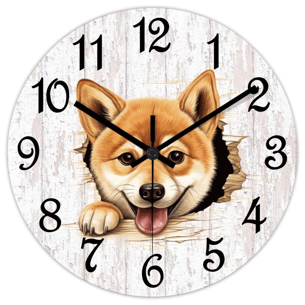 COCOKEN Shiba Inu Wall Clock Puppy Doggy PVC Wall Clock 10inch Rustic Farmhouse Clock Silent Battery Operated Round Wall Decor for Bedroom Master Room
