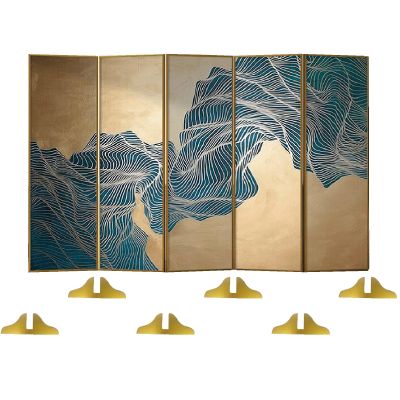 Chinese Rooms Dividers Screen, 4 5 Panels Standing Temporary Wall Partition, Bedroom/Teahouse/Office Indoor Privacy Panel Folding, Aluminum Outer Frame ( Color : Gold Frame , Size : 5 Panels-225cm Wid