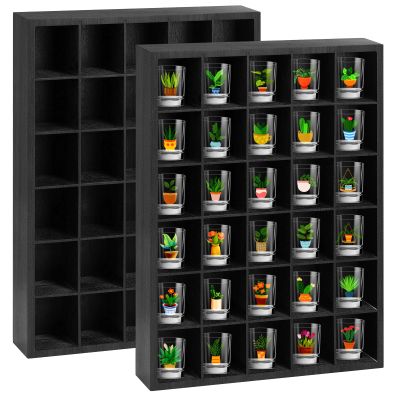 2 Pcs Shot Glass Display Case, Black Wooden Shot Glass Shelf with Removable Shelves, Wall Mounted Shadow Box Thimble Display Case, 30 Slots