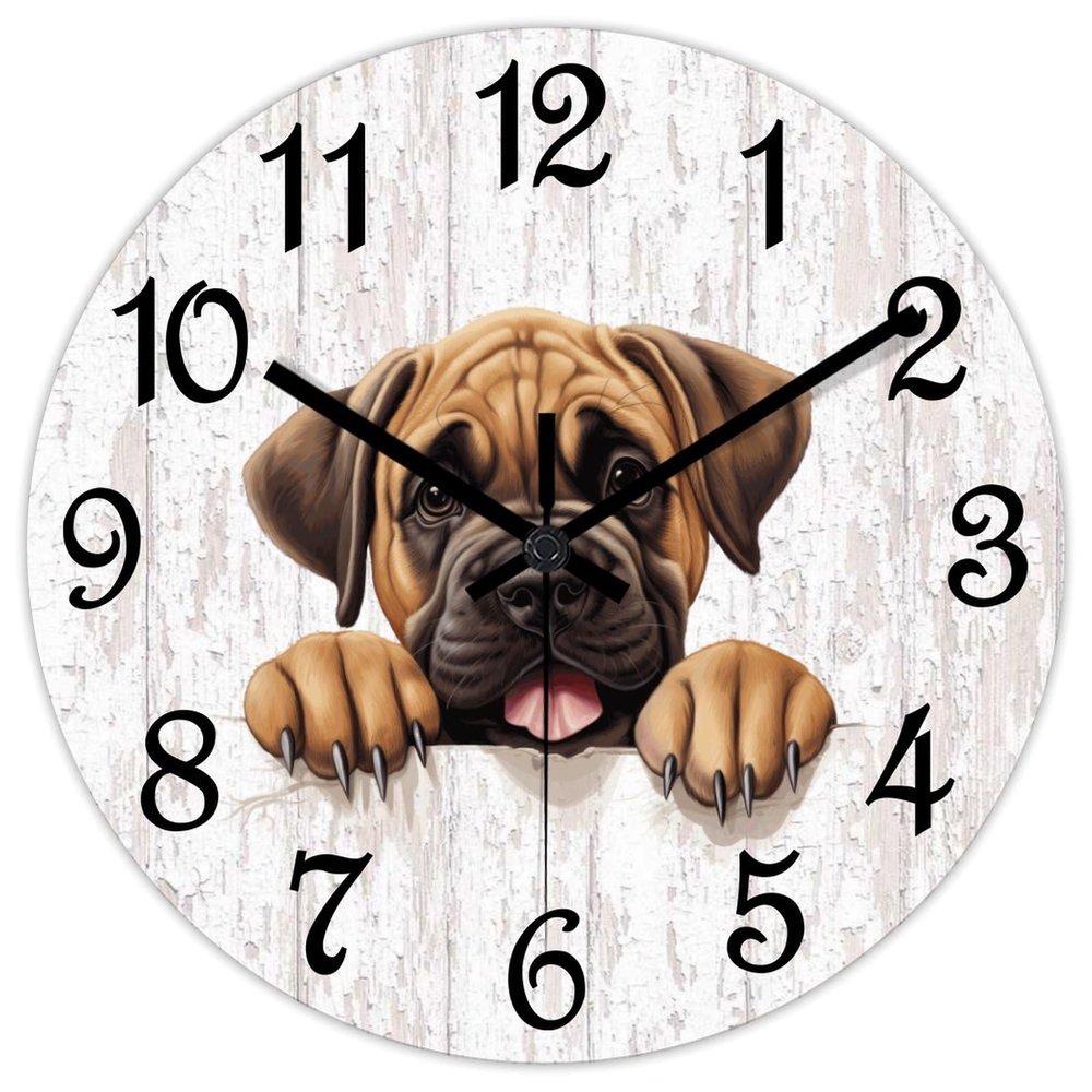 COCOKEN Mastiff Wall Clock,Dog Peeking Wood Clock,Dog Lover Round Wooden Clock Gifts Novelty Wall Clock for Home Kitchen Living Room Office 12 X 12 Inch