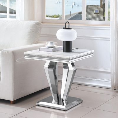 SSLine Modern White Faux Marble End Table Luxury Square Sofa Side Table with Silver Diamond Base Mid-Century Elegant Bedside Table w/Mirrored Stainless Steel Frame for Living Room Bedroom