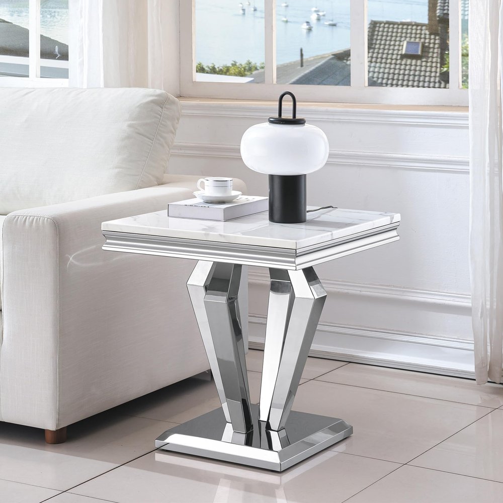 SSLine Modern White Faux Marble End Table Luxury Square Sofa Side Table with Silver Diamond Base Mid-Century Elegant Bedside Table w/Mirrored Stainless Steel Frame for Living Room Bedroom