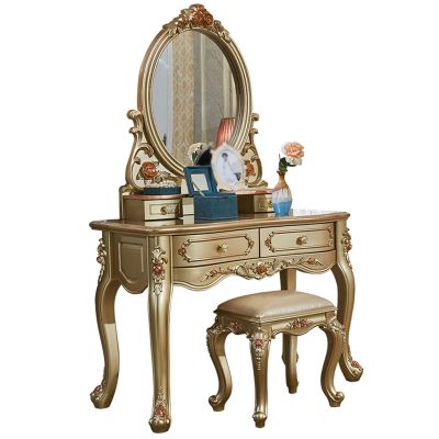 Vintage Vanity Table Set, Bedroom Vanity Desk with Oval Mirror, 4 Drawers and Upholstered Stool, Large Makeup Table for Women (Color : Champagne, Size : 86x51x160cm)