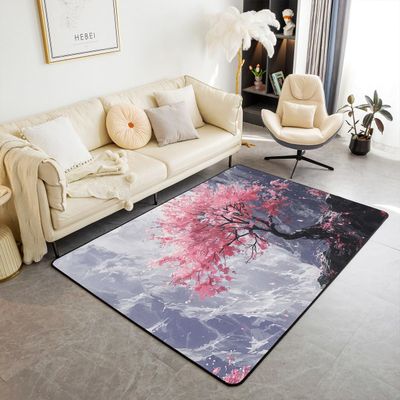 Pink Cherry Blossom Decorative Carpet Area Rug,Japanese Style Living Room Rugs for Bedroom Mountain Stream Area Rug Nature Landscape Carpet Kitchen,5x6'6''
