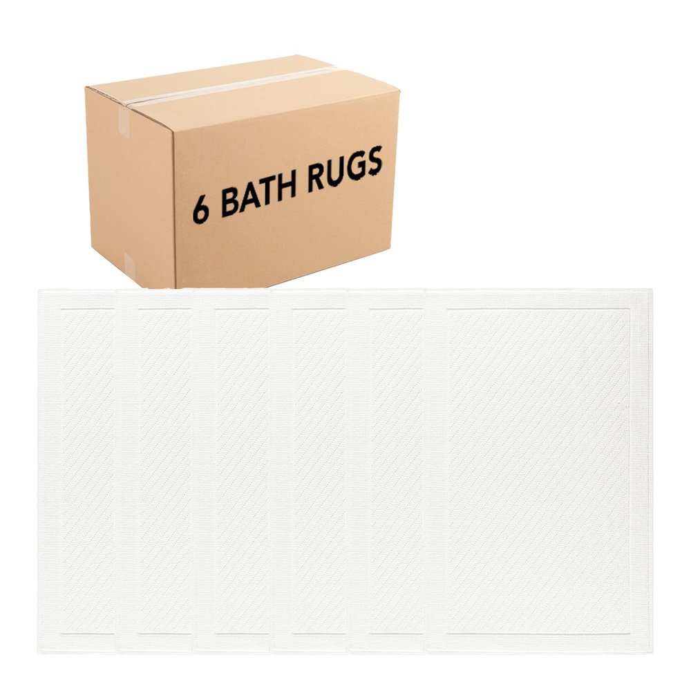 Arkwright 100% Cotton Bulk Bathroom Rugs - Case of 6 - High Absorbent Stylish Textured Woven Design Bath Mat, Slip Resistant Backing for Shower and Bathtub Floor, 24x36 in - White