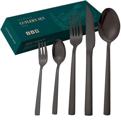 SEELLODGE Silverware Flatware Cutlery Set, 20 Piece Cutlery Set Steak Knife And Fork Dessert Coffee Stirring Small Spoon Fork Long Handle Stainless Steel Spoon (Color : Black, Size : 24Pcs)