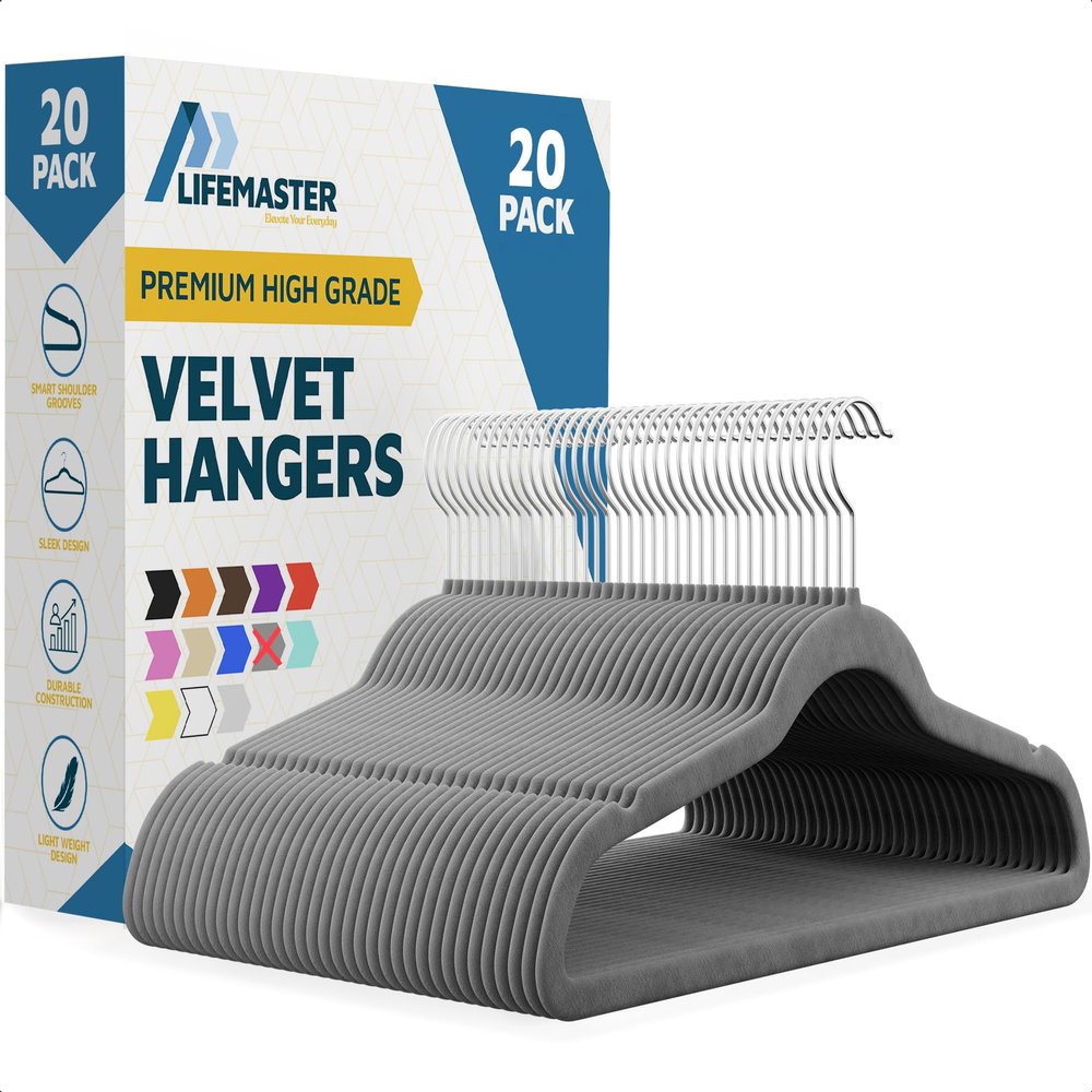 Lifemaster Velvet Non-Slip Hangers - 20 Pieces Non-Slip Coat Hanger Set with 360 Swivel Hook, Space-Saving, Sleek Design, Keep Closet Organized, Smooth Velvet Finish, Lightweight Construction - Gray