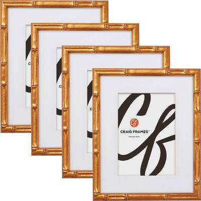 Craig Frames Faux Bamboo, 14x20 Picture Frame Matted for an 11x17 Photo, Vintage Gold, Set of 4