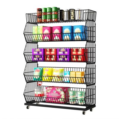 JLXJYS Black White Large Snack Display Shelf, Wholesale Supermarket Floor-Standing Big Metal Wire Snack Candy Rack, Chip Bag Holder for Convenience Stores (Color : 5 Tier Black, Size : L60cm(23.6in))