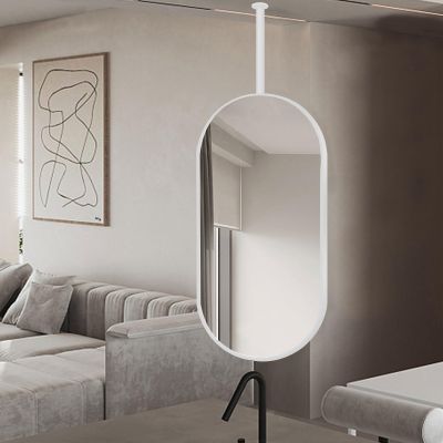 Ceiling Mounted Hanging Rod Mirror, Oval Bathroom Mirror with Metal Framed and Boom(Boom can be Customized), Decorative Wall Mounted Vanity Mirrors, White (Size : 50cmx70cm)