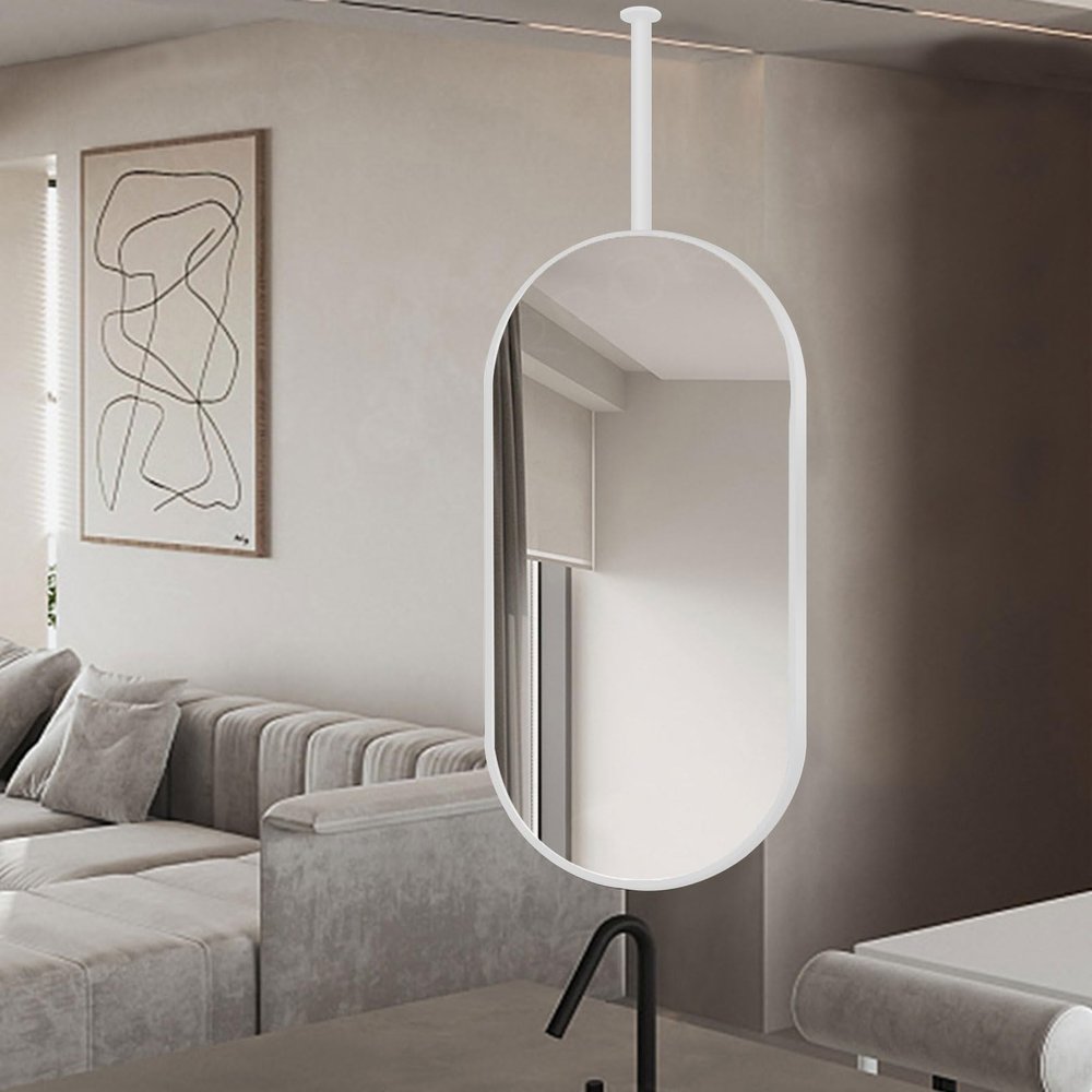 Ceiling Mounted Hanging Rod Mirror, Oval Bathroom Mirror with Metal Framed and Boom(Boom can be Customized), Decorative Wall Mounted Vanity Mirrors, White (Size : 50cmx70cm)