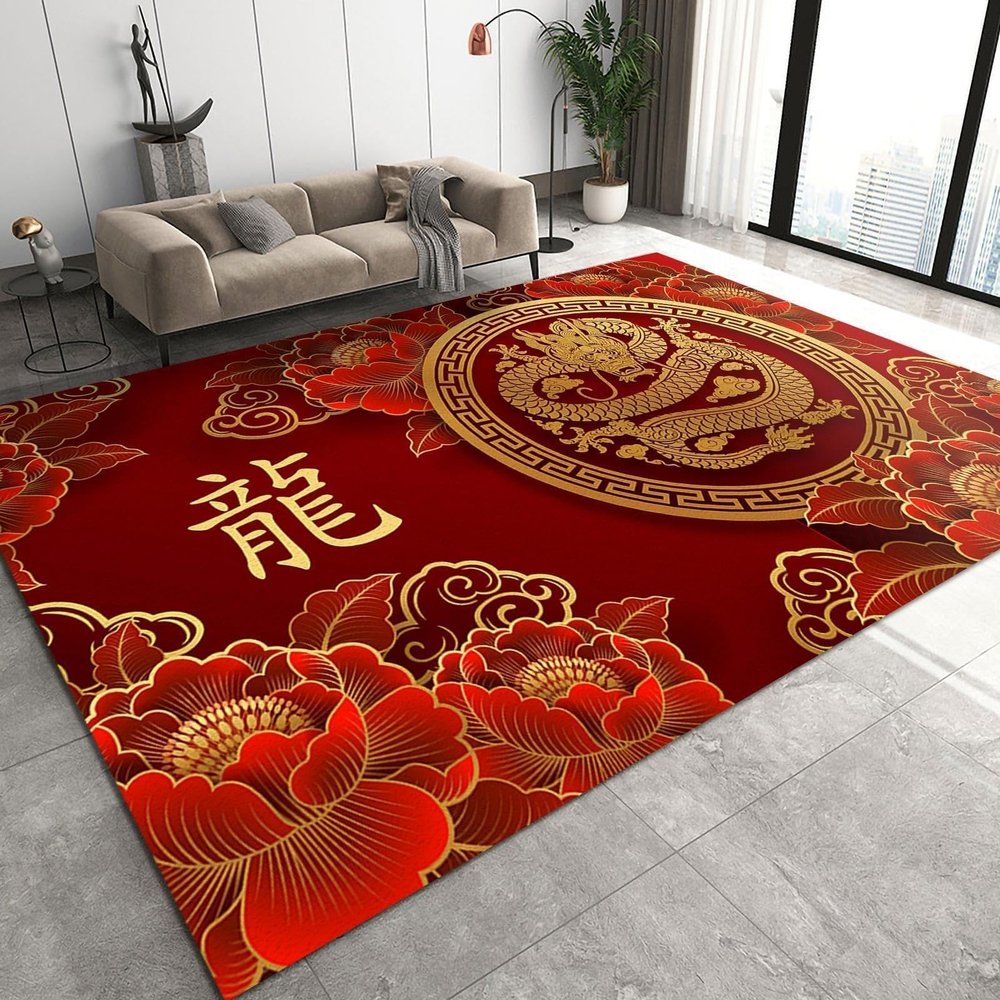 Classic Golden Chinese Dragon Area Rugs, Fashion Chinese Red Peony Flowers Non-Slip Kids Rug, Upholstery Rug with Non-Slip Backing for Kids Boys Girls Bedroom Living Room Dining Room Study 2ftx3ft
