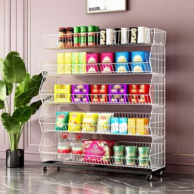 JLXJYS Black White Large Snack Display Shelf, Wholesale Supermarket Floor-Standing Big Metal Wire Snack Candy Rack, Chip Bag Holder for Convenience Stores (Color : 5 Tier White, Size : L60cm(23.6in))