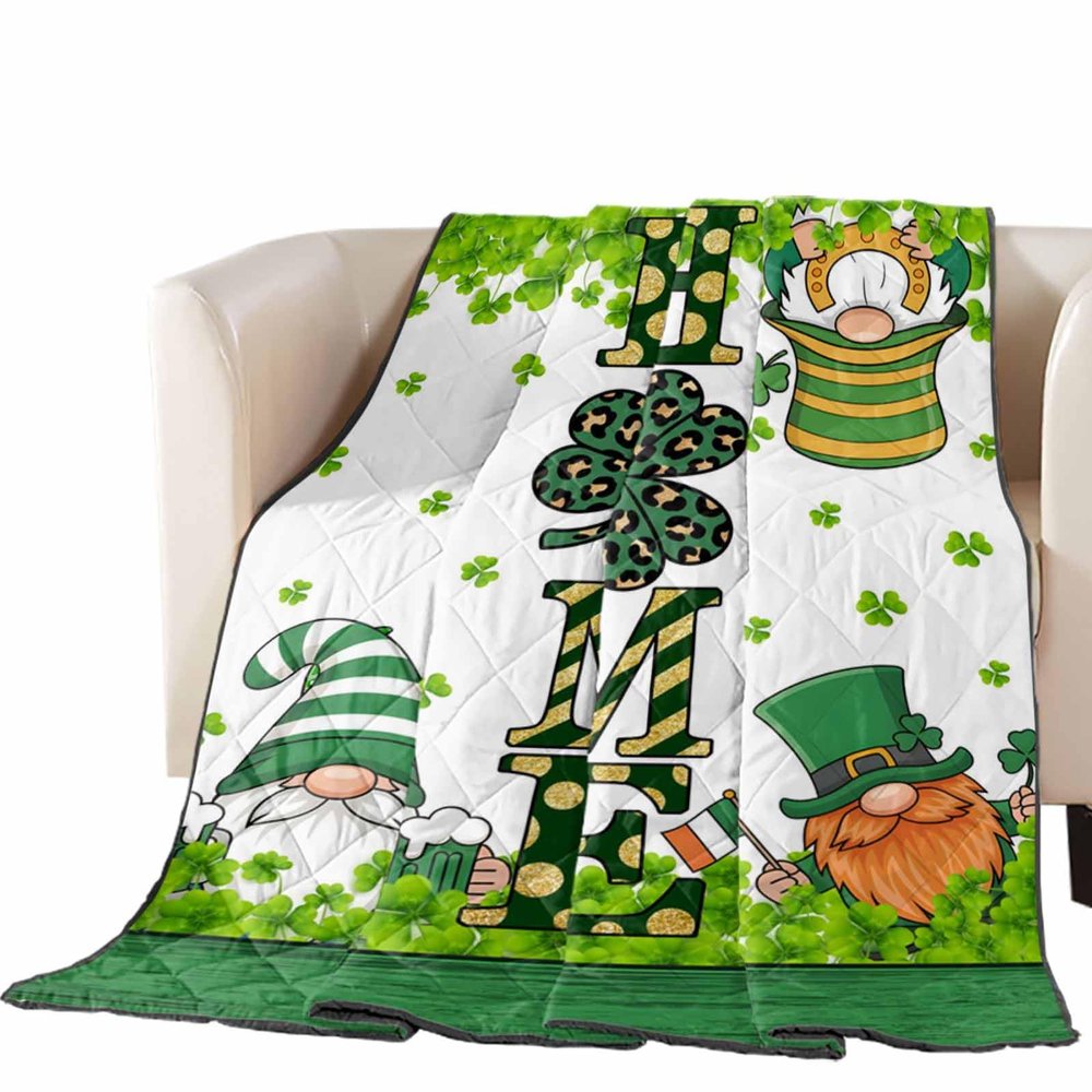 T&H XHome Quilt Twin Size Luxury Quilted Comforter Bedspread-Thin Soft Cozy, St. Patrick's Day Home Gnome with Green Shamrock Reversible Stitched Lightweight Quilt Coverlet for All Season