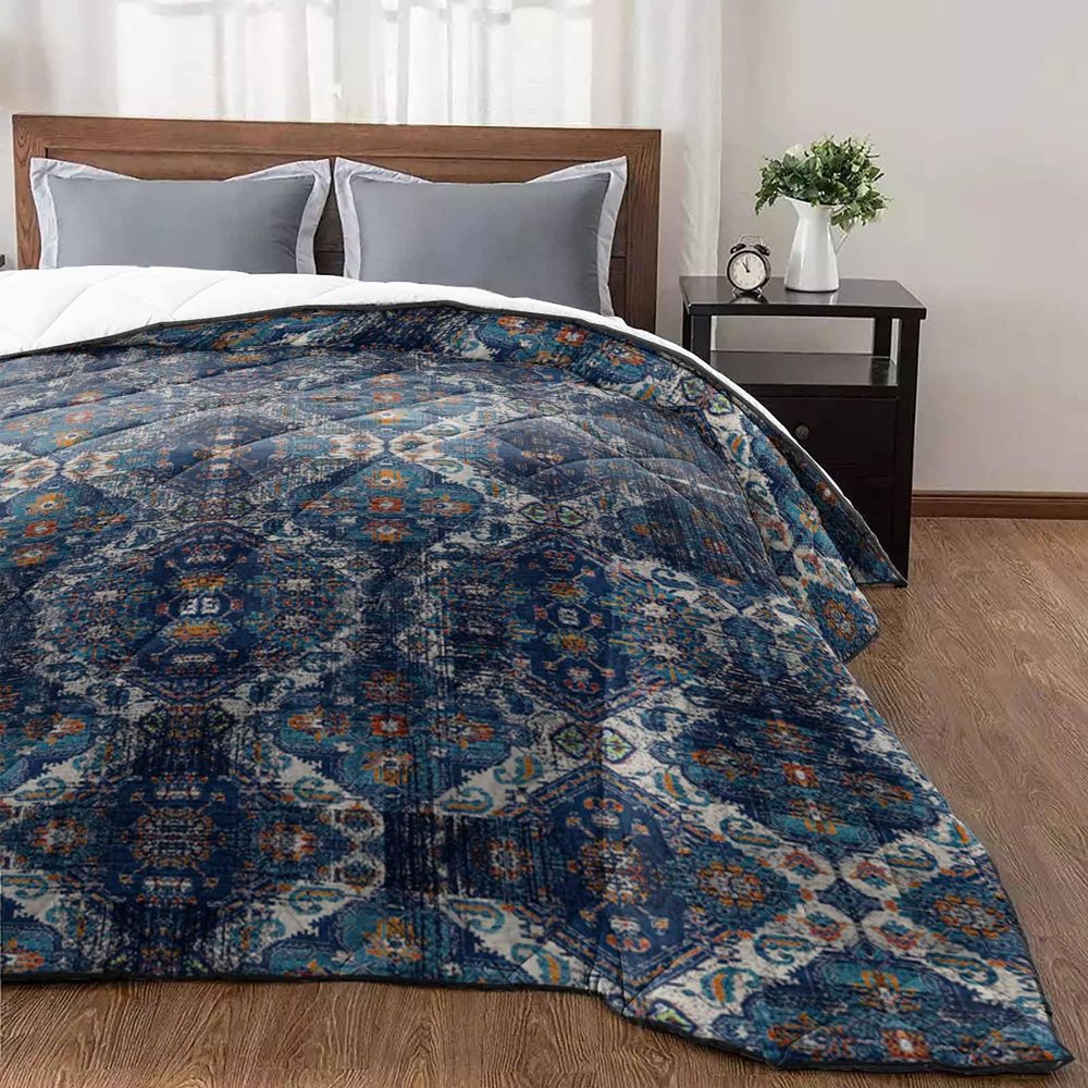 T&H XHome Quilt Twin Size Luxury Quilted Comforter Bedspread-Thin Soft Cozy, Ethnic Retro Abstract Geometric Texture Blue Reversible Stitched Lightweight Quilt Coverlet for All Season