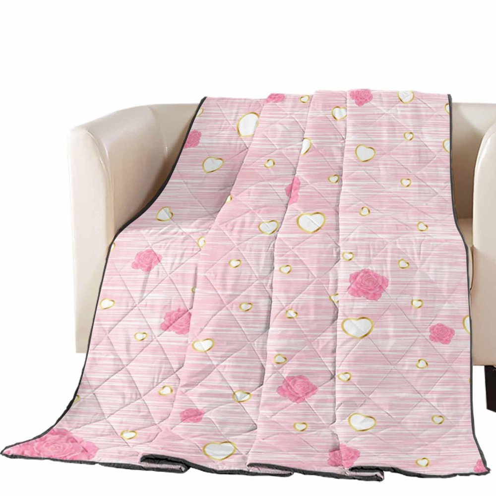 T&H XHome Quilt King Size Luxury Quilted Comforter Bedspread-Thin Soft Cozy, Valentine's Day Pink Rose Gold Love Heart Reversible Stitched Lightweight Quilt Coverlet for All Season