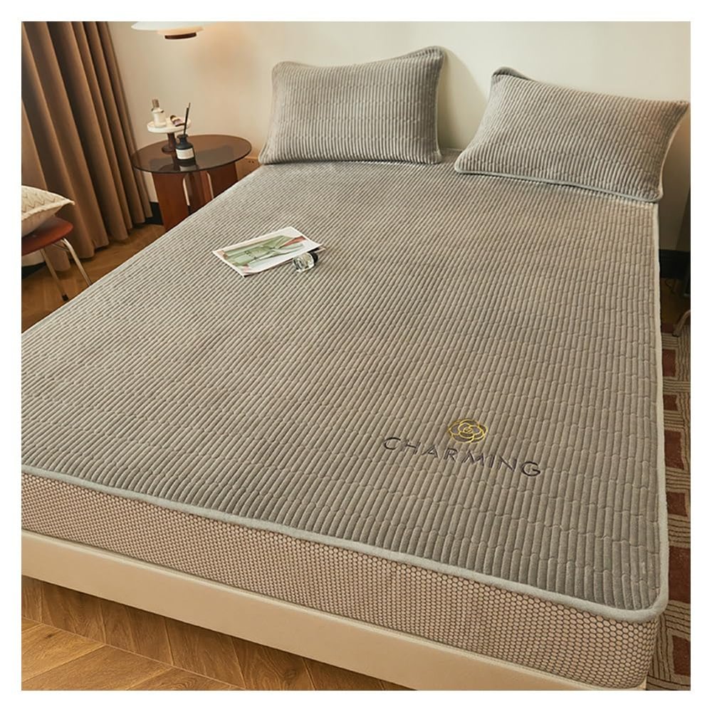 Bedding Quilted Extra Thick Mattress Pad Full Breathable Soft Elastic Fitted Mattress Protector Milk Velvet Warmth Mattress Cover Machine Washable Fitted Sheet ( Color : Gray , Size : King-180*200cm )