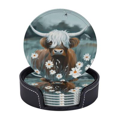 6 Pack Highland Cow Daisy Leather Coaster with Holder- Funny Cute Coasters Waterproof Non-Slip for Drinks Wooden Table Kitchen Dining Coffee Bar Decor, Round