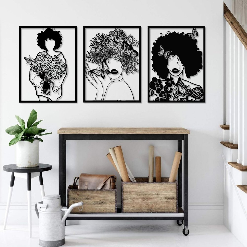 African American Black Woman Metal Wall Art, Black Girl Wall Art, Abstract Metal Woman Wall Art, Metal Flowers Wall Decor, Metal Butterfly Wall Decor, Metal Wall Art for Bedroom (35"x27" | 90x68 cm