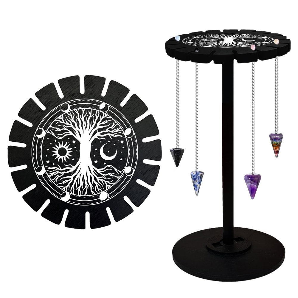 CHGCRAFT Tree of Life Pendulum Stand Wooden Crystal Display Shelf Pendulum Display Rack Witch Stuff Black Crystal Display Shelf Pendulum Holder for Crystal Stone Essential Boho Oil Decor
