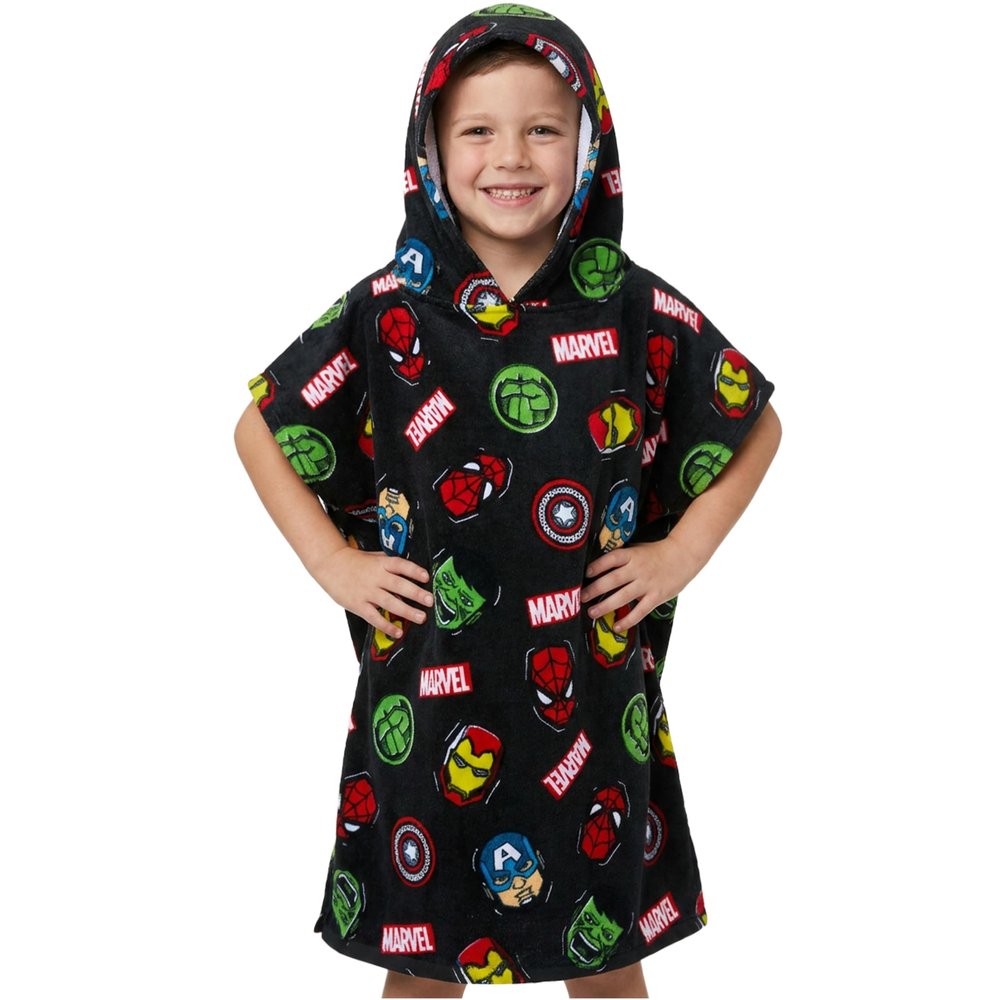 Marvel Spiderman Kids Changing Robe, Hooded Towel Poncho Boys Girls, Avengers Wearable Towel for Swim Surf, Gifts for Kids (Multi Avengers, 6-9 Years)