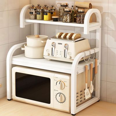 Dxcaicc 2 Tier Wooden Microwave Stand,Microwave Shelf Countertop with Hooks,Kitchen Storage Shelf for Electrical Appliances,Tableware, Condiments,A