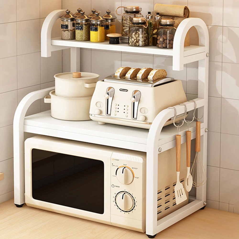 Dxcaicc 2 Tier Wooden Microwave Stand,Microwave Shelf Countertop with Hooks,Kitchen Storage Shelf for Electrical Appliances,Tableware, Condiments,A