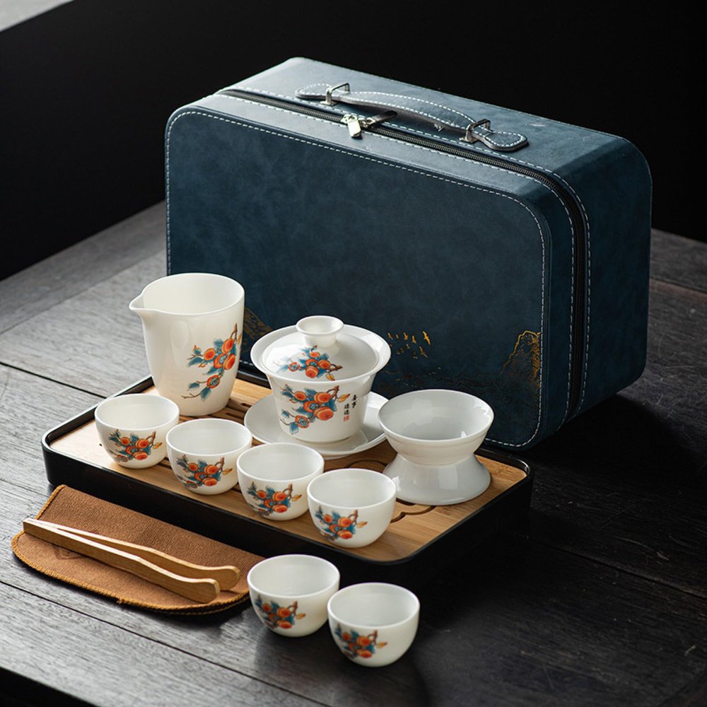 APLUSH Procelain Chinese Tea Set, Portable Gongfu Teapot Set with Tea Tray and Tea Towel,Tea Sets for Travel, Gifting, Home, Picnic, Office,D,Blue Bag