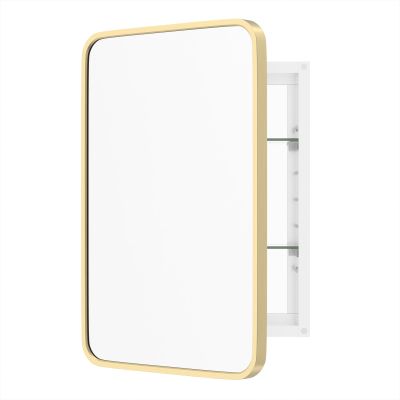WallBeyond Bathroom Medicine Cabinet with Mirror, 16x24 Inch Gold Recessed Medicine Cabinet with Round Corner Aluminum Alloy Metal Framed.