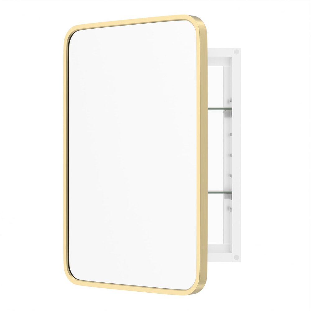 WallBeyond Bathroom Medicine Cabinet with Mirror, 16x24 Inch Gold Recessed Medicine Cabinet with Round Corner Aluminum Alloy Metal Framed.