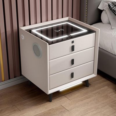 FZYUAN Nightstand with Wireless Charging Station, 2/3 Drawers Bedroom Side Table with Fingerprint Lock and Speaker, 2 USB Ports, LED Nightstand with Sensor Light, End Table for Living Room,White,3 dra